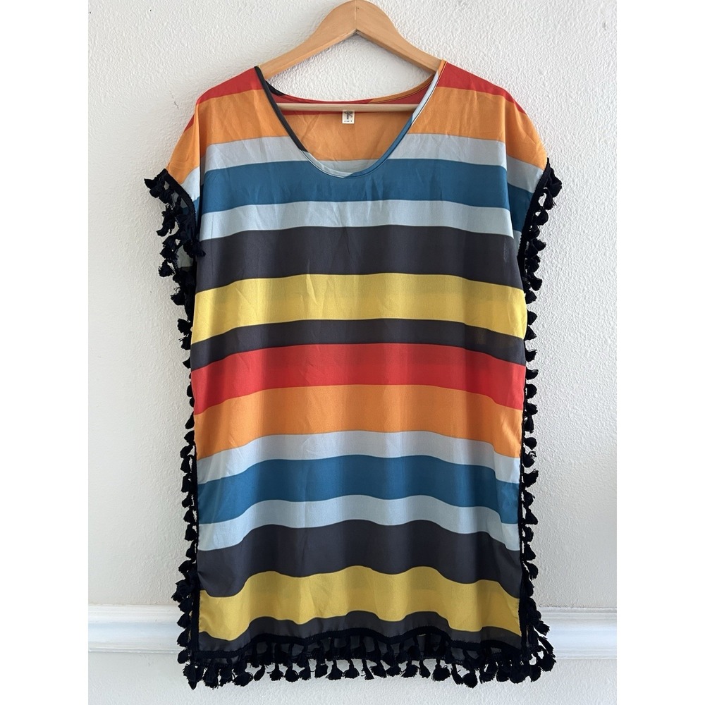Yincra Striped Multicolor Chiffon Tassel Beach Swimsuit Coverup S/M Boho Resort